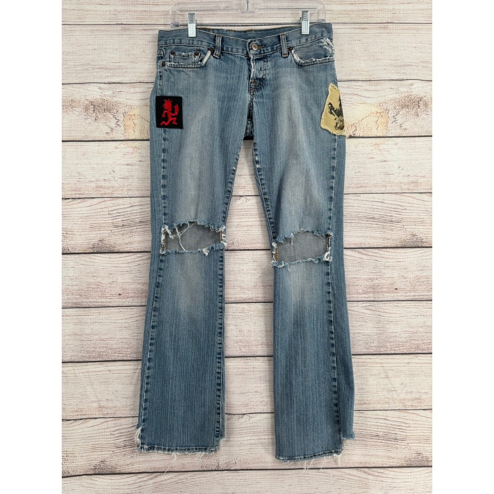 Lucky Brand Mod‎ Madeline Jean Women 8 Blue Distressed JNCO Hatchetman Patch Y2K